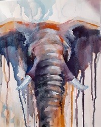 A watercolor painting of an elephant on a canvas.