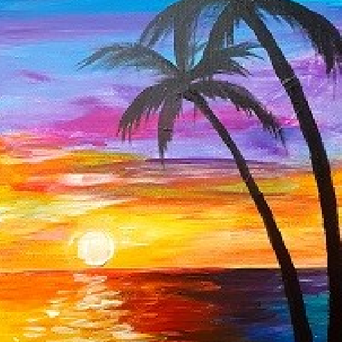 A painting of a sunset over a beach.