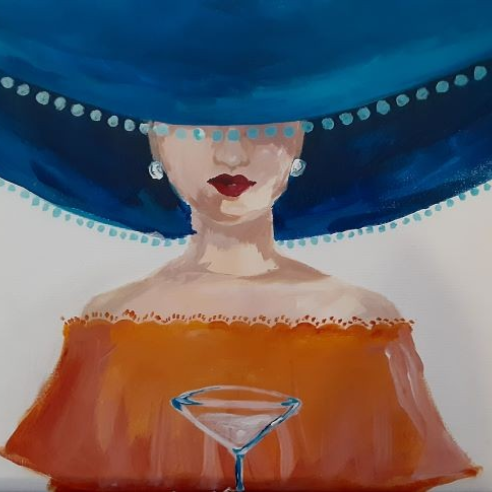 A painting of a woman in a blue hat holding a martini glass.