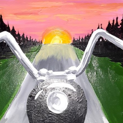 A painting of a motorcycle on a road at sunset.