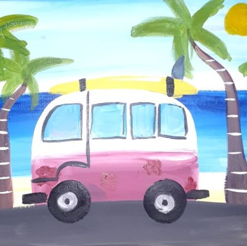 A painting of a van and palm trees.