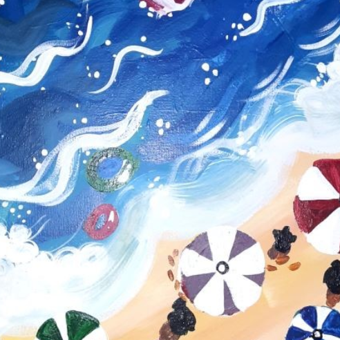 A painting of umbrellas on the beach.