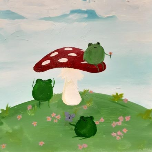 A painting of frogs on top of a mushroom.