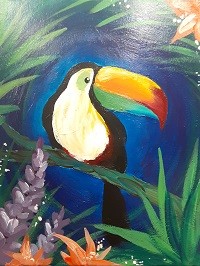 A painting of a toucan sitting on a branch.