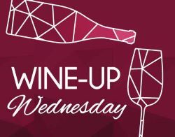 Wine up wednesday logo on a maroon background.