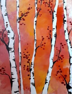 A painting of birch trees with red berries.