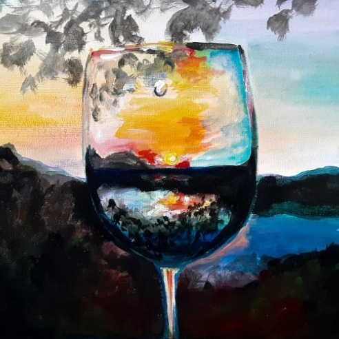 A painting of a wine glass at sunset.