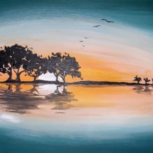 A painting of trees in the water at sunset.