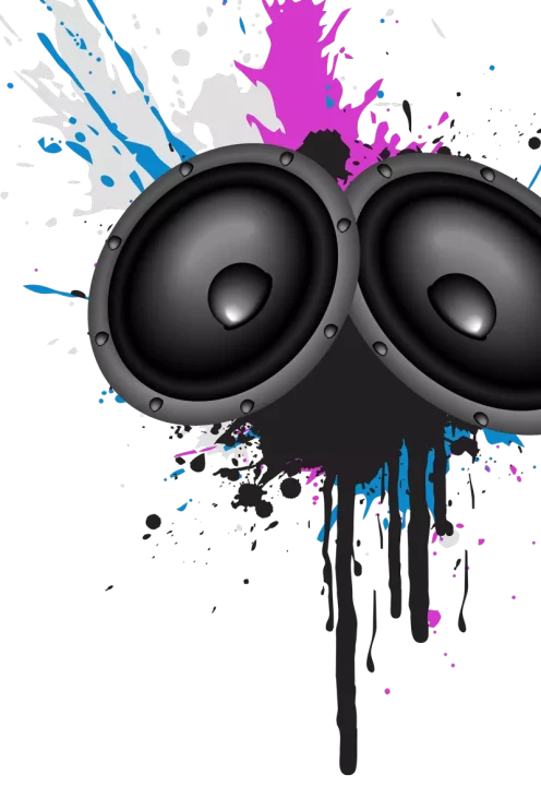 Two speakers on a black background with paint splatters.