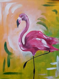 A Boozy Saturday 22nd July of a pink flamingo on a canvas.