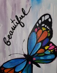 A painting of a butterfly with the word Sundays Bottomless Mimosa Brunch 23rd July written on it.