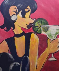 A painting of a woman drinking a Friends Night Out Fridays 21st July.