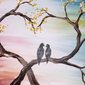 Two birds sitting on a tree in a heart shape, Date Night Fridays 28th July.