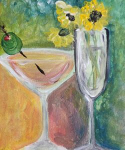 A painting of a Singles Night Saturdays 29th July and sunflowers.