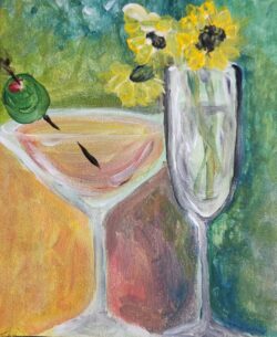 A painting of a Singles Night Saturdays 29th July and sunflowers.