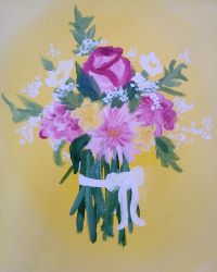 A painting of a bouquet of flowers on a yellow background.