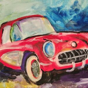 A painting of a Mid-day Grooves Saturdays 8th July car.