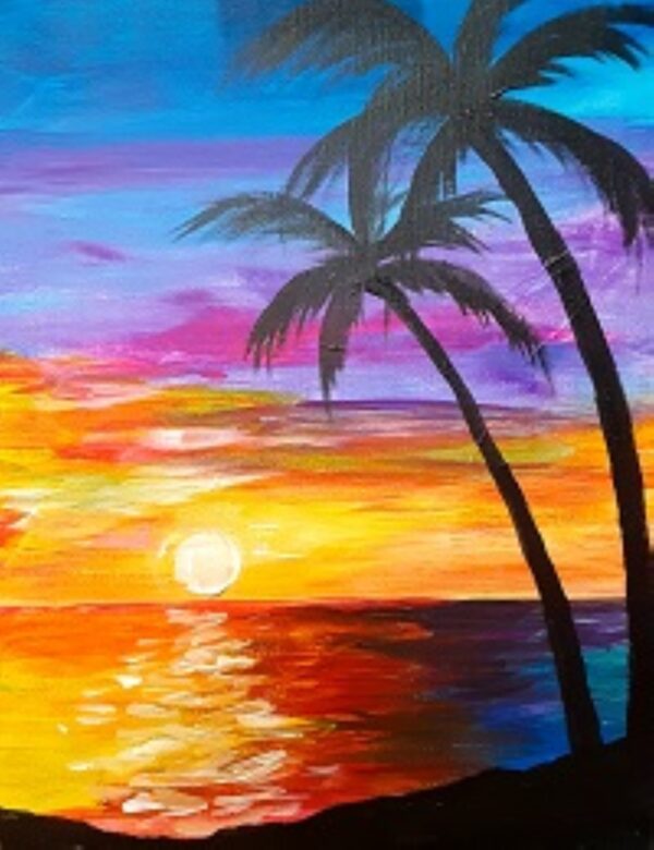 A painting of Boozy Saturdays 15th July with palm trees in the background.