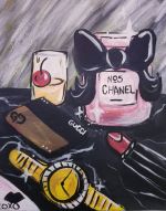A painting of a chanel purse and other items.