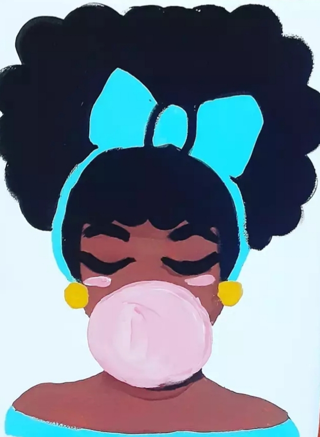 A painting of a girl blowing a Twisted Tuesdays August 1st.
