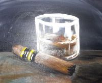 A painting of a cigar and a glass of whiskey.
