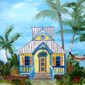 A painting of a Throwback Thursdays 29th June house with palm trees.