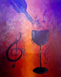 A painting of a wine glass and music notes.