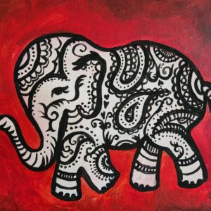 A painting of an elephant on a red background.