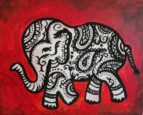A painting of an elephant on a red background.