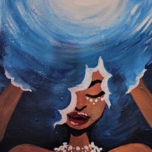 A painting of a woman with blue hair and pearls.