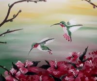 A Thristy Thursdays August 3rd of hummingbirds flying over flowers.