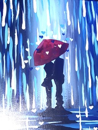 Date Night Fridays 23rd June is a painting of a couple under an umbrella in the rain.
