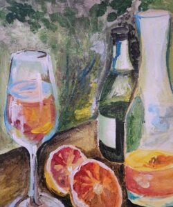 Afterwork Friday Vibes 16th June, a painting of a glass of wine and grapes.