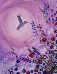 Afterwork Friday Vibes 16th June of a hummingbird flying over purple flowers.