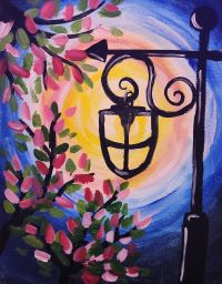 A painting of a street lamp with flowers in the background.