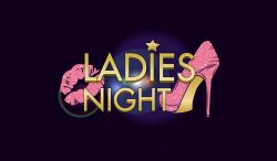 Ladies night logo with a pink shoe on a dark background.