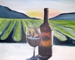 A painting of a bottle of wine and a glass of wine.