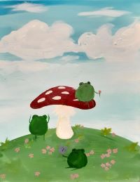 A painting of frogs on a mushroom.