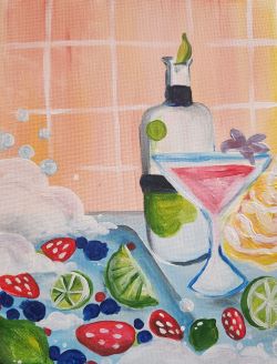 A painting of a cocktail and fruit on a table.