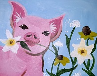 A painting of a pig with flowers and daffodils.