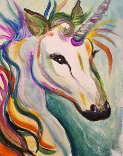 A painting of a unicorn with colorful mane.