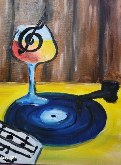 A painting of a record player and a glass of wine.