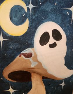 Boo Mushroom A painting of a ghost sitting on a mushroom.
