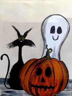 A painting of a cat and a pumpkin.