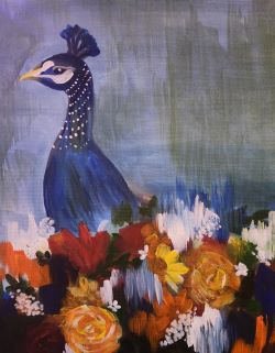 A painting of a blue peacock with flowers.