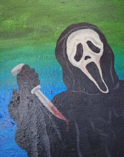 A painting of a scream character holding a knife.