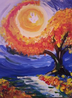 starry fall A painting of a tree with a sun in the background.