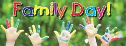 Children's hands painted with the words family day.