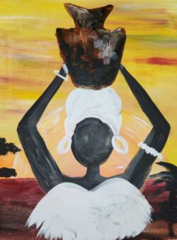 A painting of an african woman holding a pot.