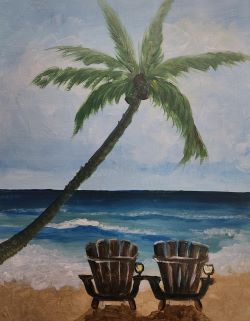 A painting of two chairs on the beach with a palm tree.
